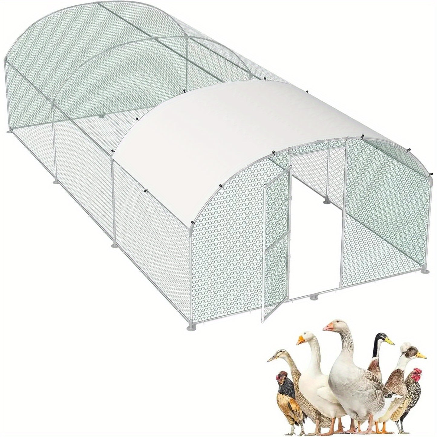 Galvanized Steel Chicken House with Arched Shade Roof & Door - Hexagonal Wire Mesh Free Range Coop for Chickens & Small Animals, Durable PE Canopy Outdoor Poultry Pen (Multiple Sizes: 3x2m, 3x4m, 3x6m, 3x8m), Chicken Coop Acc