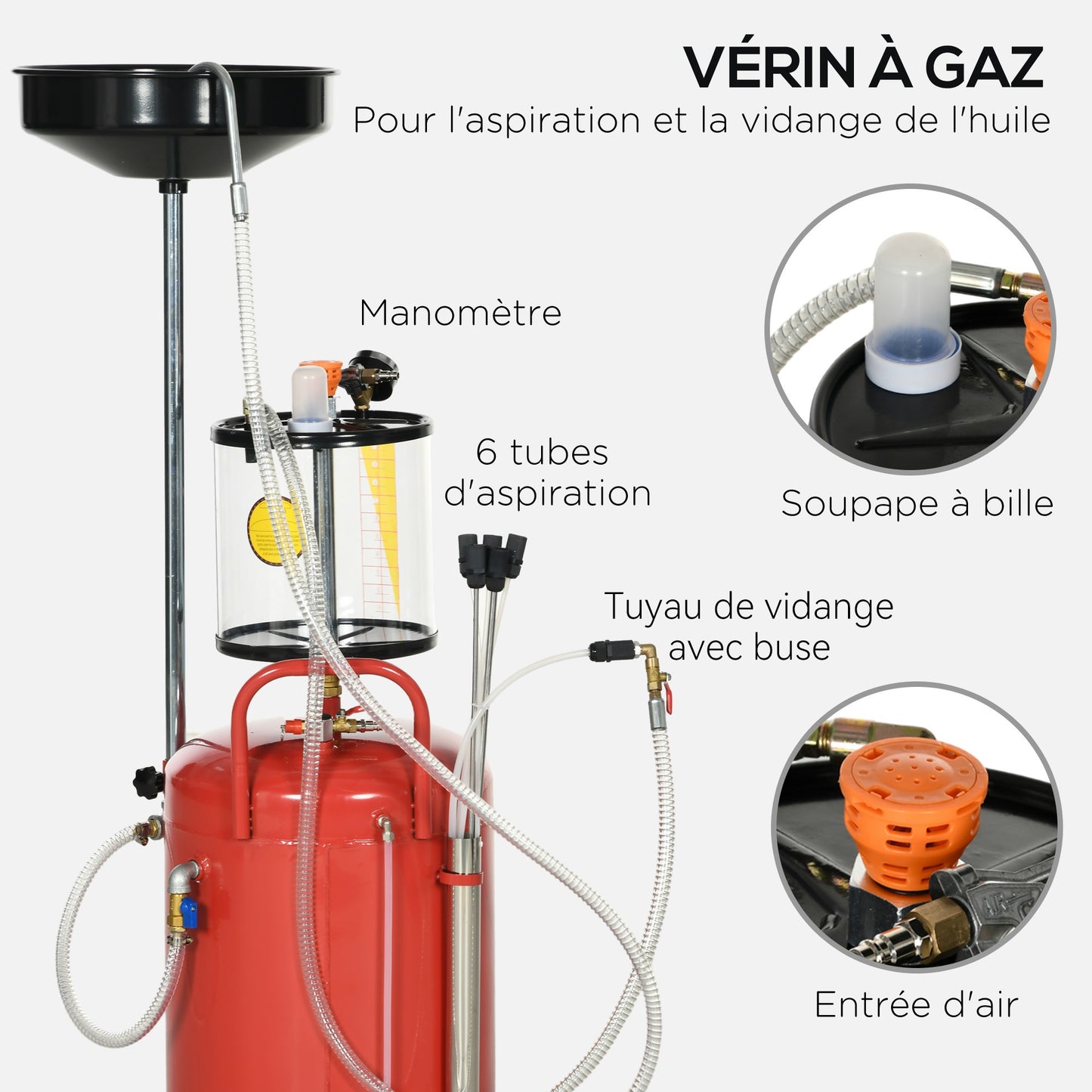 Olieafvoer – Olieopvangbak – Olieopvang – Olieopvangset – Olieafzuiger – 80 Liter Capaciteit – Verstelbare Trechterhoogte 120-140 cm – Pneumatisch & Handmatig – Mobiel Met Wieltjes – Rood