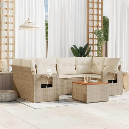 7-delige loungeset – tuinmeubelen – loungesofa – buitenmeubelen – zithoek – Beige kleur – Weerbestendig poly rattan – Afneembare wasbare kussens