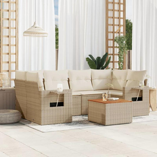 7-delige loungeset – tuinmeubelen – loungesofa – buitenmeubelen – zithoek – Beige kleur – Weerbestendig poly rattan – Afneembare wasbare kussens