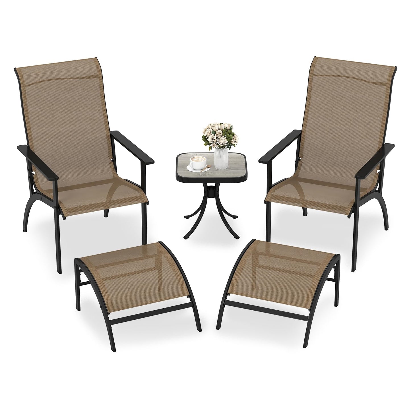 5-Delige Balkonmeubelset – Tuinmeubilair – Balkonset – Terrasmeubilair – Tuinset – Met 2 Stoelen, 2 Voetenbankjes en Tafel – Ergonomisch Comfort – Ruimtebesparend Design – Kleur Coffee