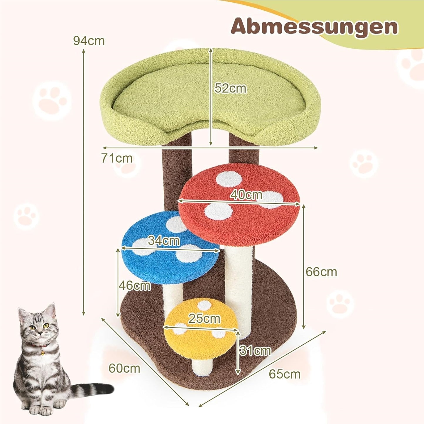 Kattenkrabpaal – Krabboom – Klimpaal – Kattenhuis – Kattenmeubel – 94 cm Hoog – Met Afneembaar Wasbaar Kussen