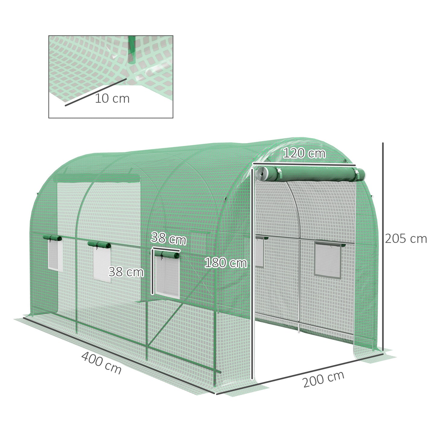 Tunnelse kas – Tuinkas – Broeikas – Groentekas – Plantenkas – 8 m² vloeroppervlak – Versterkt stalen frame – Dubbele ritssluiting – 6 oprolbare ramen – Groen