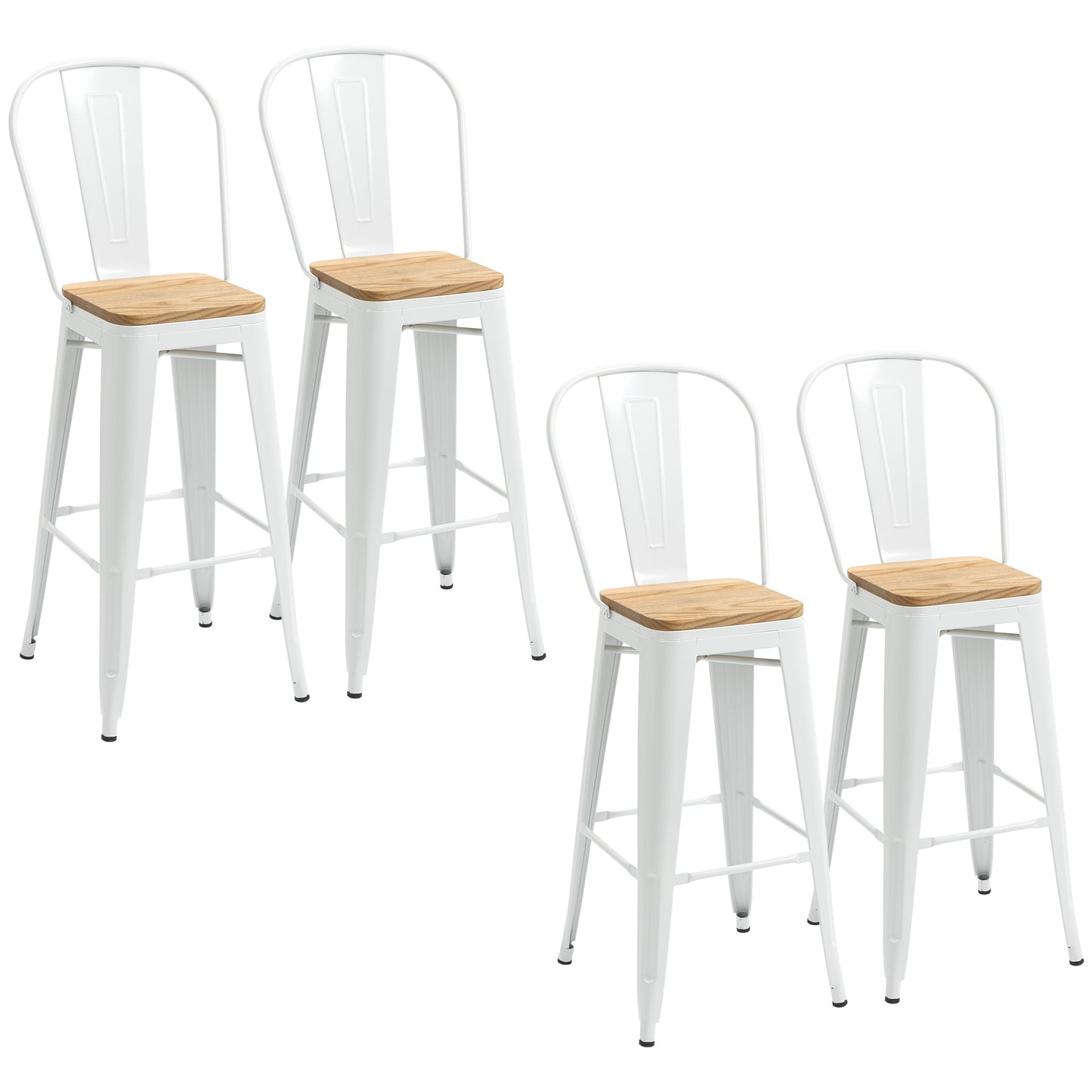 Barkruk – Barstoel – Kruk – Barkrukken Set – Industrieel Design – Met Rugleuning – Met Voetsteun – Set Van 4 – Stijlvol Wit Metalen Frame – Houten Zitting – Zithoogte 76 cm