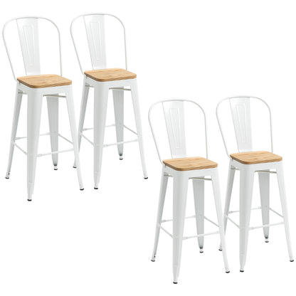 Barkruk – Barstoel – Kruk – Barkrukken Set – Industrieel Design – Met Rugleuning – Met Voetsteun – Set Van 4 – Stijlvol Wit Metalen Frame – Houten Zitting – Zithoogte 76 cm