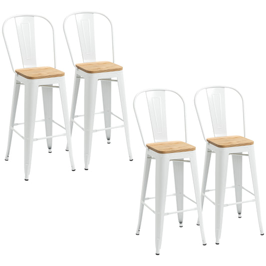 Barkruk – Barstoel – Kruk – Barkrukken Set – Industrieel Design – Met Rugleuning – Met Voetsteun – Set Van 4 – Stijlvol Wit Metalen Frame – Houten Zitting – Zithoogte 76 cm