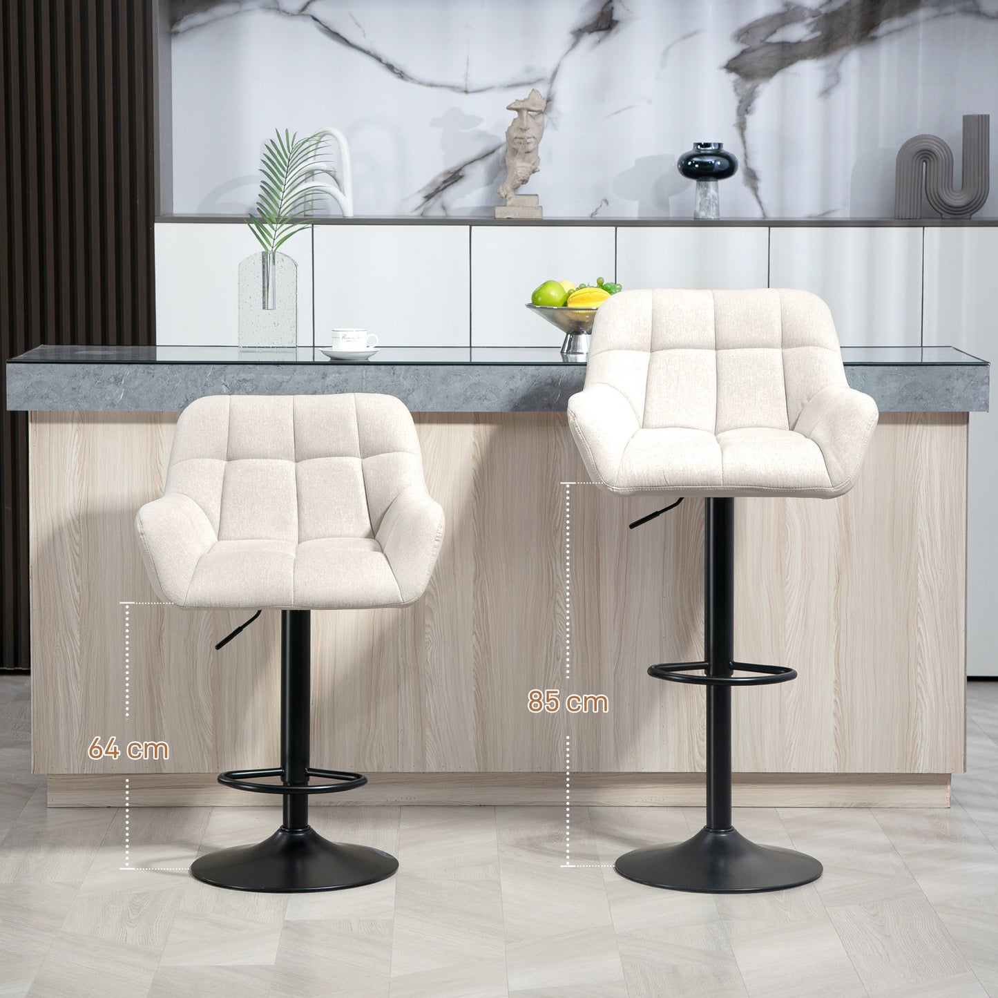 Barkrukken – Barstoelen – Krukken – Zitstoelen – Set van 2 – Verstelbare Zithoogte – Kunstleer Linnenlook Crème Zwart