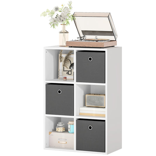 Opbergplank – Opbergkast – Opbergmeubel – Plank – Rek – Grijs – 6 Compartimenten – 3 Stoffen Laden