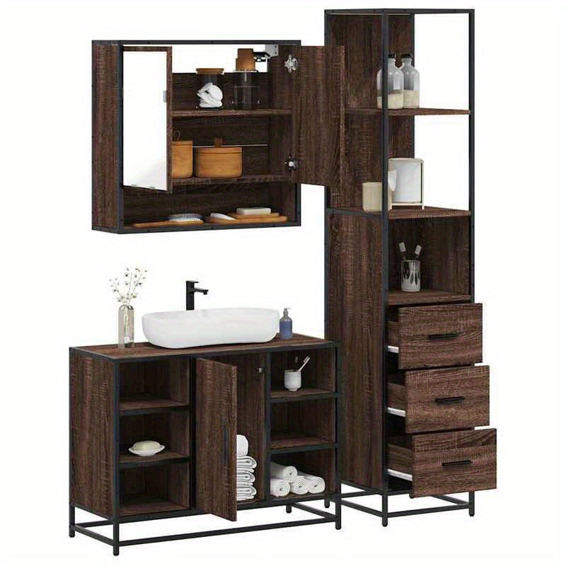 badkamermeubelset – badmeubelset – wastafelmeubel – badkamerkast – spiegelkast – bruin eikenlook – 3-delige set – hardhout & glas