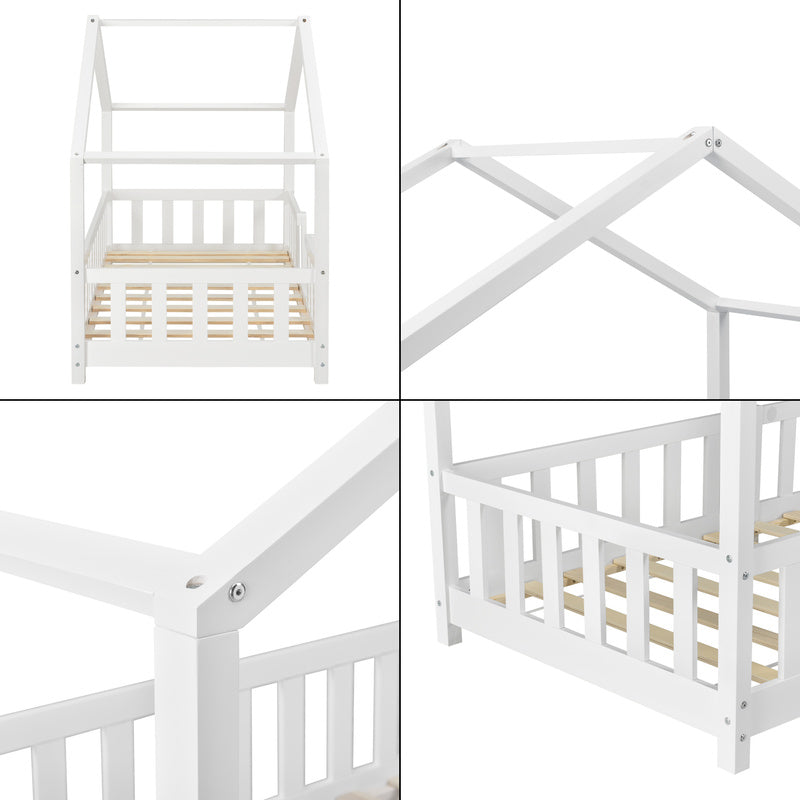 Kinderbed – Kinderbedden – Eenpersoonsbed – Hoogslaper – Stapelbed – Huisvormig Design – Valbeveiliging – Grenenhout – 140x200 cm