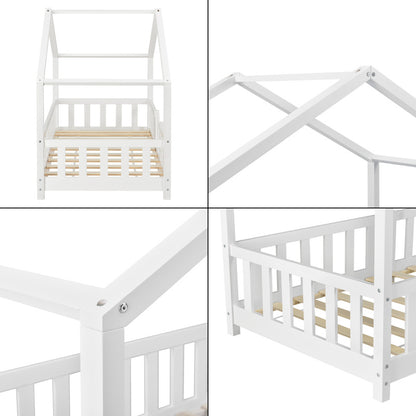 Kinderbed – Kinderbedden – Eenpersoonsbed – Hoogslaper – Stapelbed – Huisvormig Design – Valbeveiliging – Grenenhout – 140x200 cm