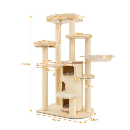Krabpaal Kat – Klimpaal Kattenmeubel – Krabboom Kattenhuis – Kattenboom Met Hol – Beige Kattenmeubel – 173 Cm Hoog – Stevig Massief Hout Met Sisal