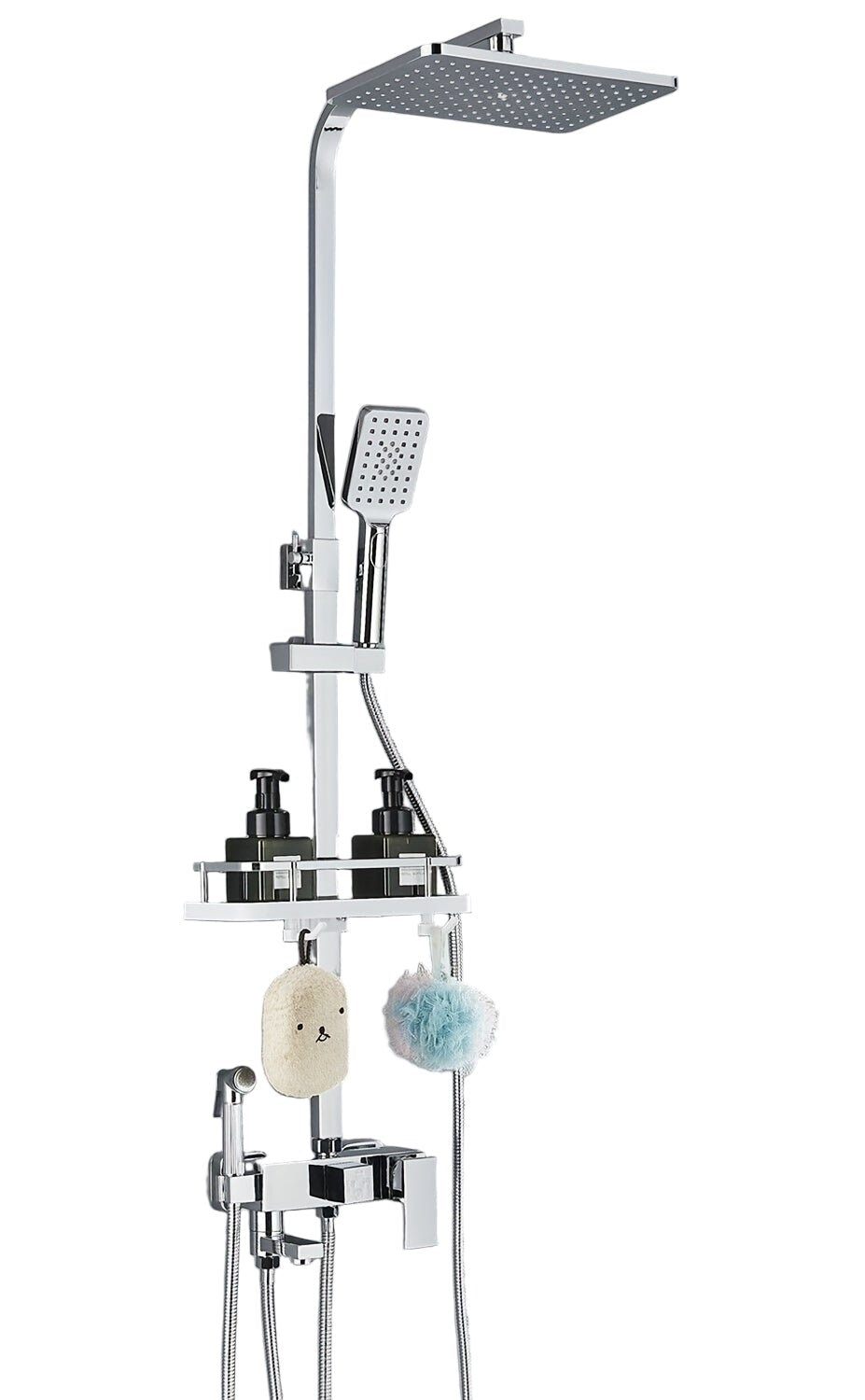 Regendouchesysteem – Douchekraan – Doucheset – Wanddouche – Handdouche – 4-in-1 Functie – Verstelbare Glijstang – Chrome Afwerking – Ingebouwd Opbergrek