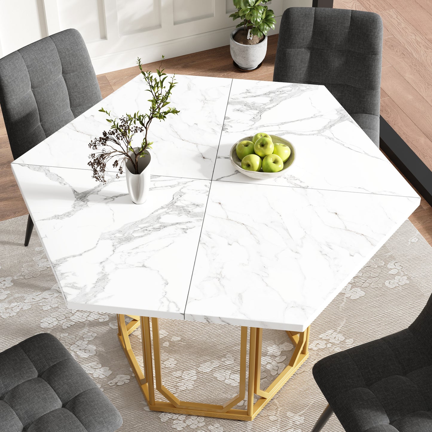 Eettafel Hexagonale Tafel Ontbijttafel Keukentafel Modern Design – Zeshoekige Marmerlook Tafelblad – Gouden Metalen Onderstel – Verstelbare Poten – Stevig & Onderhoudsvriendelijk – 110x95x75 cm