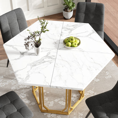 Eettafel Hexagonale Tafel Ontbijttafel Keukentafel Modern Design – Zeshoekige Marmerlook Tafelblad – Gouden Metalen Onderstel – Verstelbare Poten – Stevig & Onderhoudsvriendelijk – 110x95x75 cm