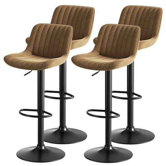 4pcs Modern Brown Velvet Bar Stool Set with Height Adjustment & 360° Swivel - Heavy-Duty Metal Frame, Easy Assembly, Soft Cushioned Seats with Black Legs - Contemporary Counter Height Stools for Kitchen, Bar, Home Office, Ca
