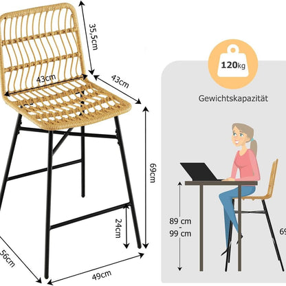 Barkrukken – Barstoelen – Keukenstoelen – Barstoelen Met Rugleuning – Barkrukken Met Voetensteun – Geel PE Rattan – Met Stabiel Metaal Frame – Zithoogte 69 cm