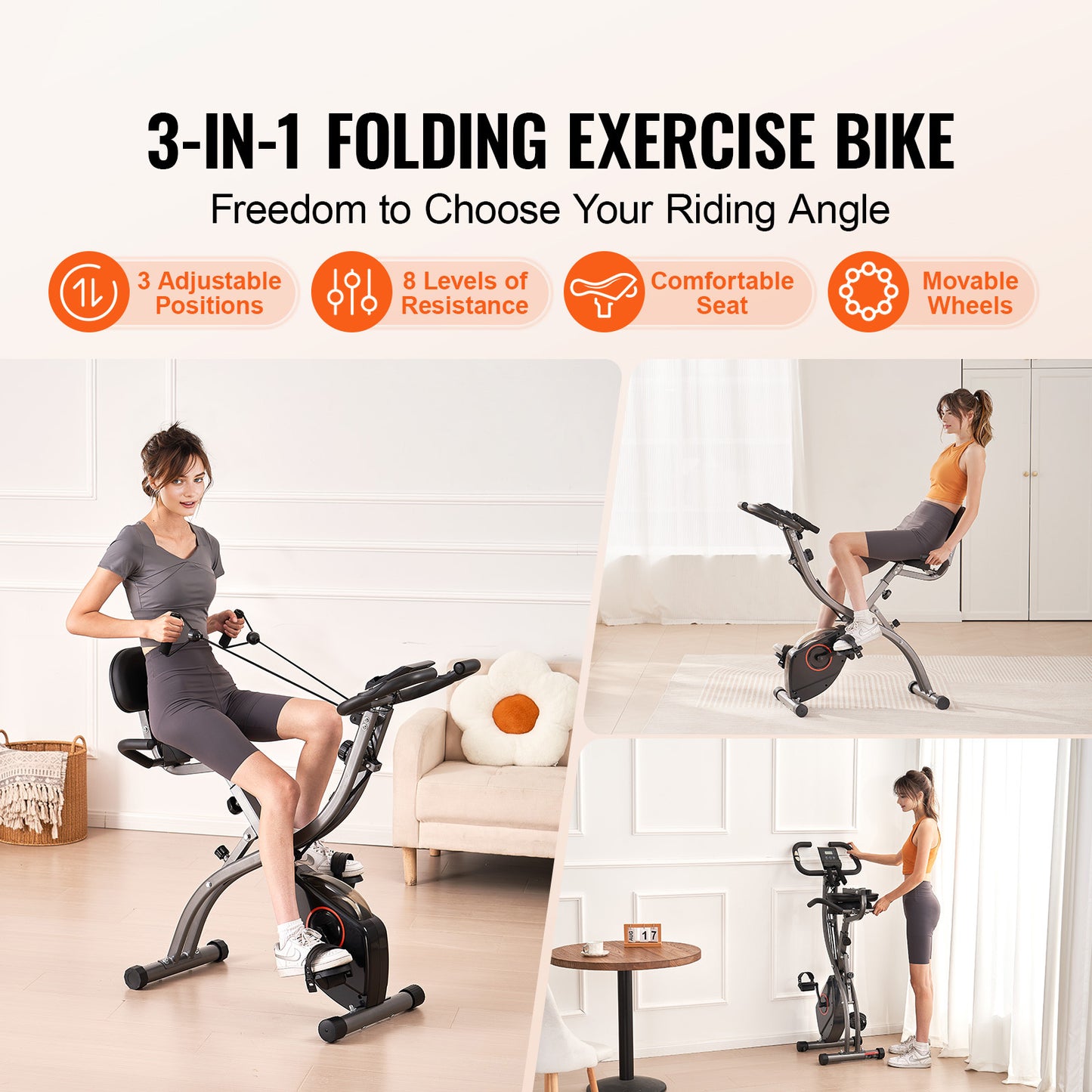 3-in-1 Hometrainer – Opvouwbare Fiets – Fitnessfiets – Binnenfiets – Spinningfiets – Oranje Zwart – Instelbare Magnetische Weerstand – Stabiel Stalen Frame