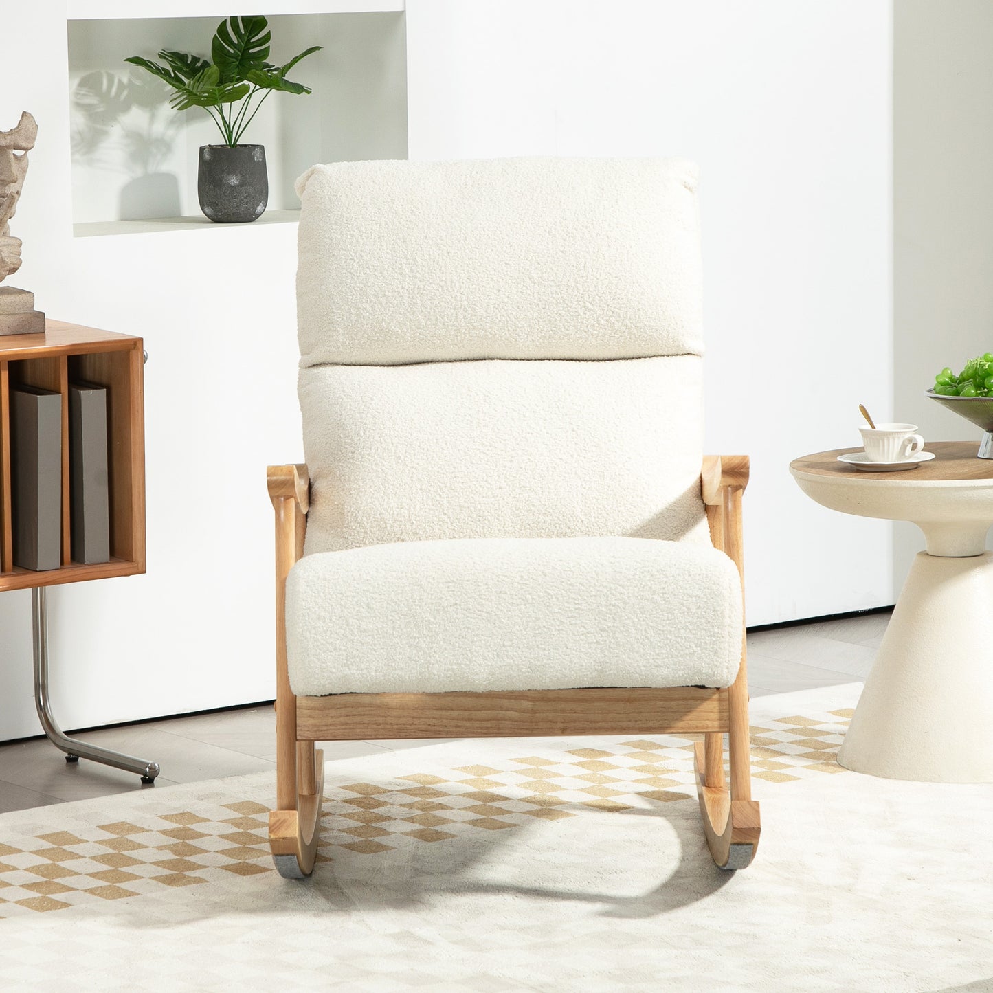 Schommelstoel – Relaxstoel – Fauteuil – Voedingsstoel – Loungestoel – Ergonomisch ontwerp – Beukenhouten frame met zachte fluwelen bekleding – Crème wit