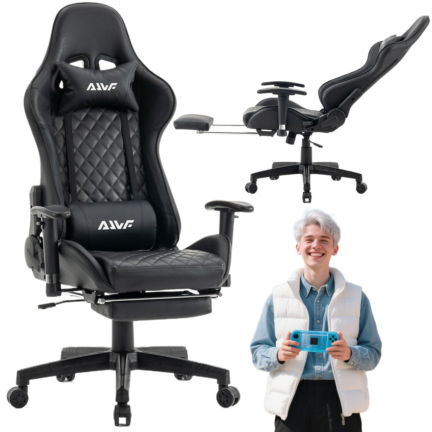 Gamingstoel – Gamestoel – Gaming Chair – Bureaustoel – Game Stoel – Verstelbare Hoogte – Uitklapbare Voetensteun – Kunstleer – Ergonomische Rugleuning