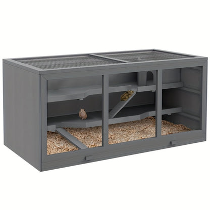 Kleedkooi – Dierenkooi – Knaagdierkooi – Hamsterkooi – Muizenkooi – 3 Verdiepingen Met Trapjes – Ventilatie En Uitneembare Bodem – Stevig Kunststof – Compact Grijs