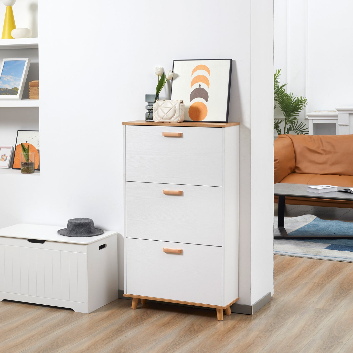 Schoenenkast – Schoenopberger – Schoenenrek – Schoenenkastje – Wit – Scandinavisch Design – 3 Kleppen Met Verstelbare Vakindeling – Compact 70x23,5x122 cm