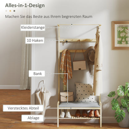 Kapstok – Wandkapstok – Schoenenrek – Garderobe – Halmeubel – Met Bamboe En Kunstleer – 10 Haken En Verborgen Opbergruimte