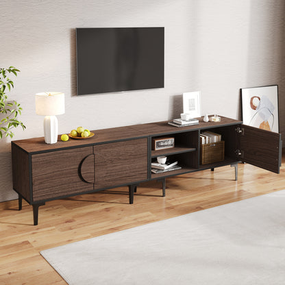 Modern Low-Profile TV Stand Compatible for 80-Inch TVs - Dark Walnut Media Console with Double Doors & Open Shelving, Heavy-Duty Metal Frame, Assembly (Living Room Furniture)