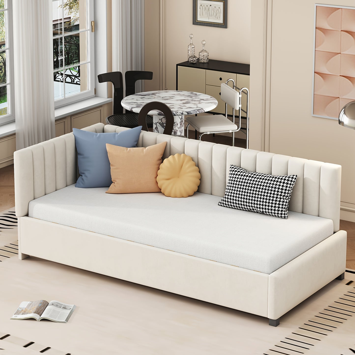 Bedbank – Slaapbank – Logeerbed – Sofa – Bedbank Beige – Huidvriendelijke Velvet Bekleding – Lattenbodem 90x200 cm