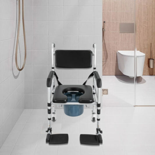 Douchestoel – Douchezitje – Badstoel – Douchekruk – Badkruk – Verstelbare Hoogte – Stabiel Tot 160 kg – Inklapbaar – Aluminium Frame – Ergonomisch Geplaatst – Veiligheidsriem – Antislip Wielen – Bidet – Zitting Met Bekleding – Zilver