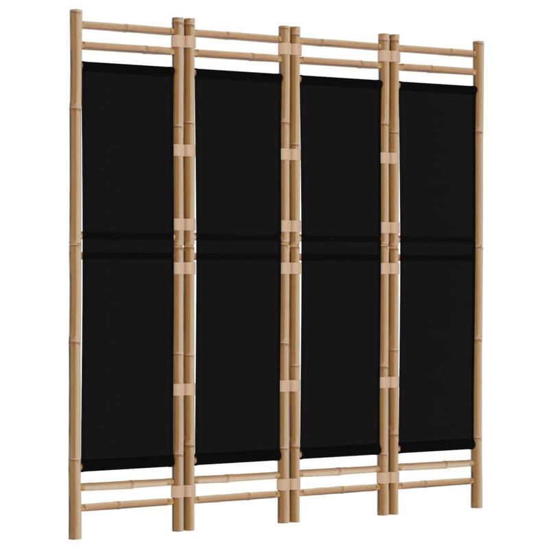 Kamerscherm – Room Divider – Scheidingswand – Privacy Scherm – Vouwscherm – 4-Paneel – Bamboe Frame – Zwarte Stof – 160 cm Hoog – Inklapbaar & Ruimtebesparend