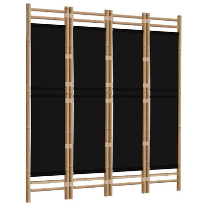 Kamerscherm – Room Divider – Scheidingswand – Privacy Scherm – Vouwscherm – 4-Paneel – Bamboe Frame – Zwarte Stof – 160 cm Hoog – Inklapbaar & Ruimtebesparend