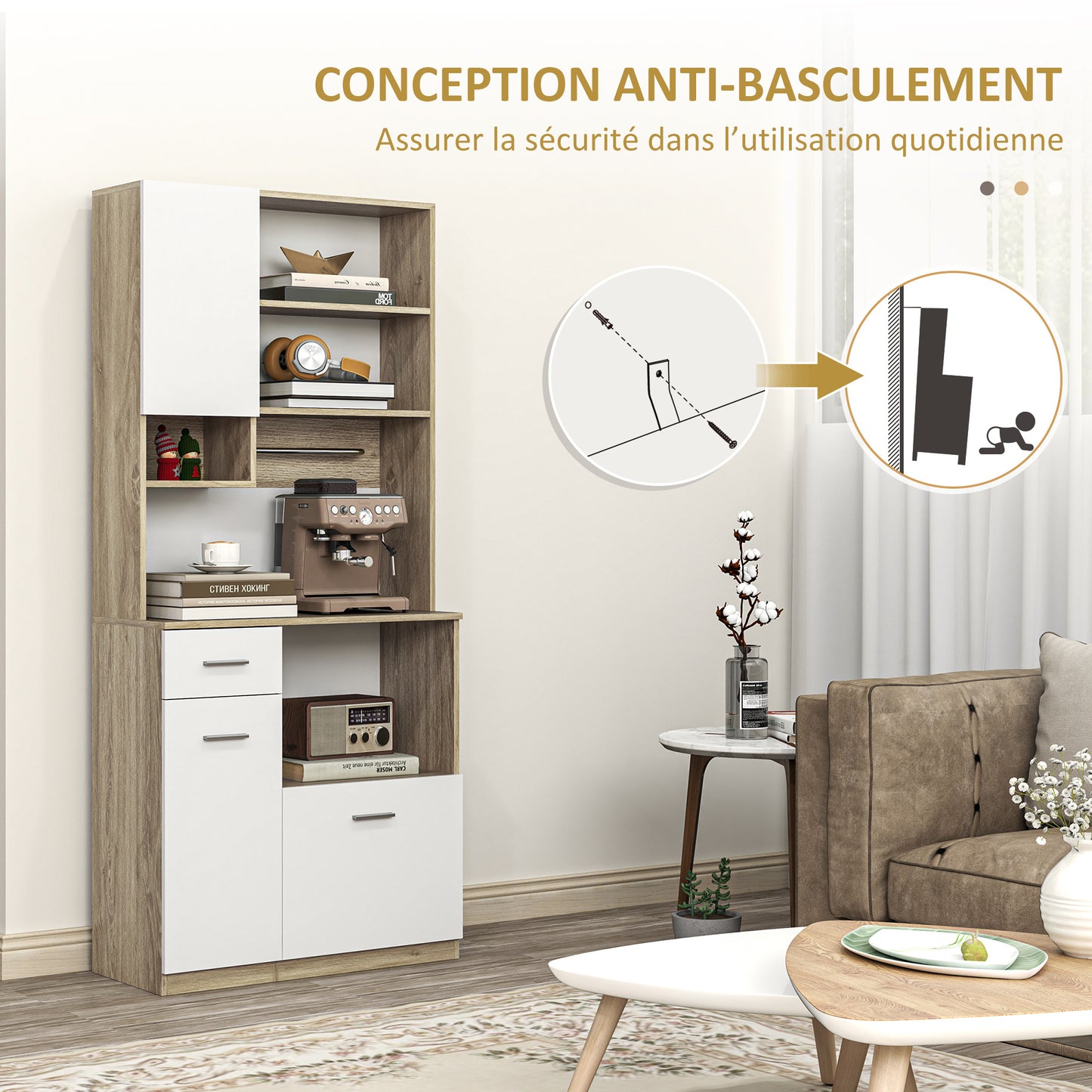 HOMCOM Kitchen Armoire Buffet Cabinet Storage Furniture Modern Style with Adjustable Shelves, Drawer, Counter, Cable Management, for Dining Room, Living Room, 80 X 35 X 180 Cm, Wood Grain