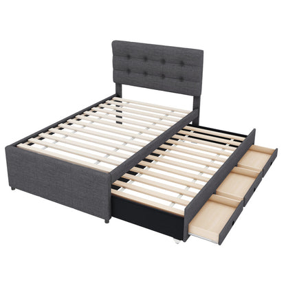 Bedombouw – Familiebed – Uitschuifbed – Opbergbed – Gestoffeerd Bed – 90x200 cm Slaapoppervlak – 3 Grote Lades – Verstelbaar Hoofdbord – Grijze Linnenstof