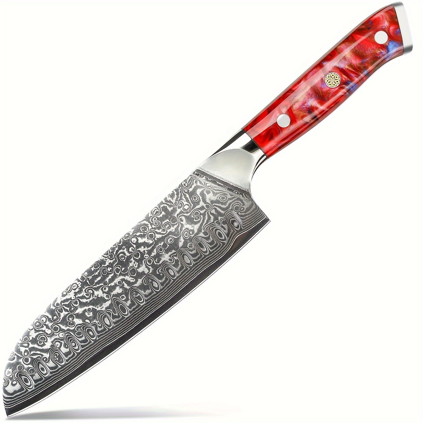 Xuan Series 7-inch Damascus Santoku Knife - VG-10 Hammer-Forged Steel, Sunset Red Resin Handle, Ultra-Sharp Professional Chef Knife for Home & Professional Kitchens