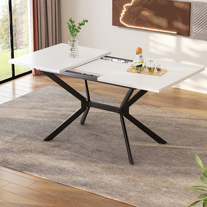 Uitklapbare Eettafel – Uitschuifbare Tafel – Klaptafel – Uitbreidbare Eettafel – Witte Eettafel – Zwarte Metalen Poten – Geschikt Voor 4-6 Personen