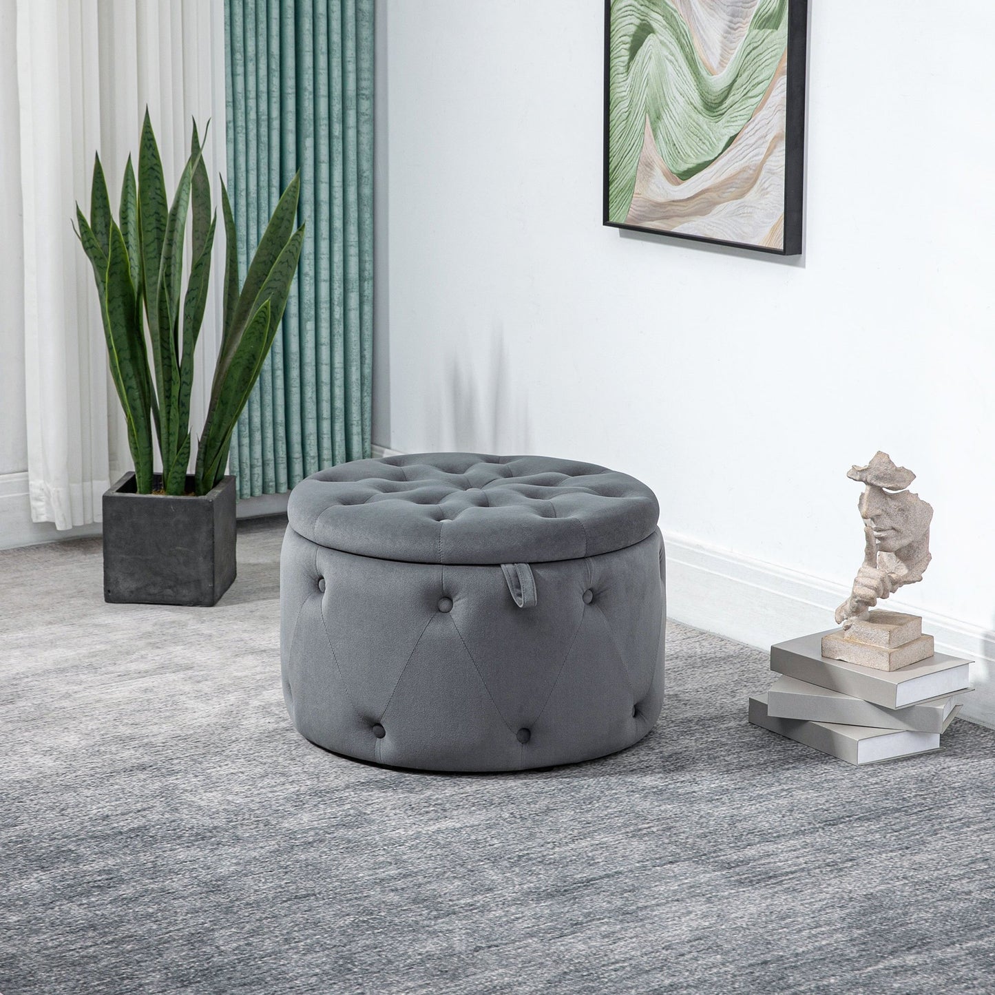 Poef – Opbergpoef – Hocker – Zitbank – Voetenbankje – Ronde Opbergstoel – Velvet Bekleding – Ø60 x 40 cm – Met Opbergruimte