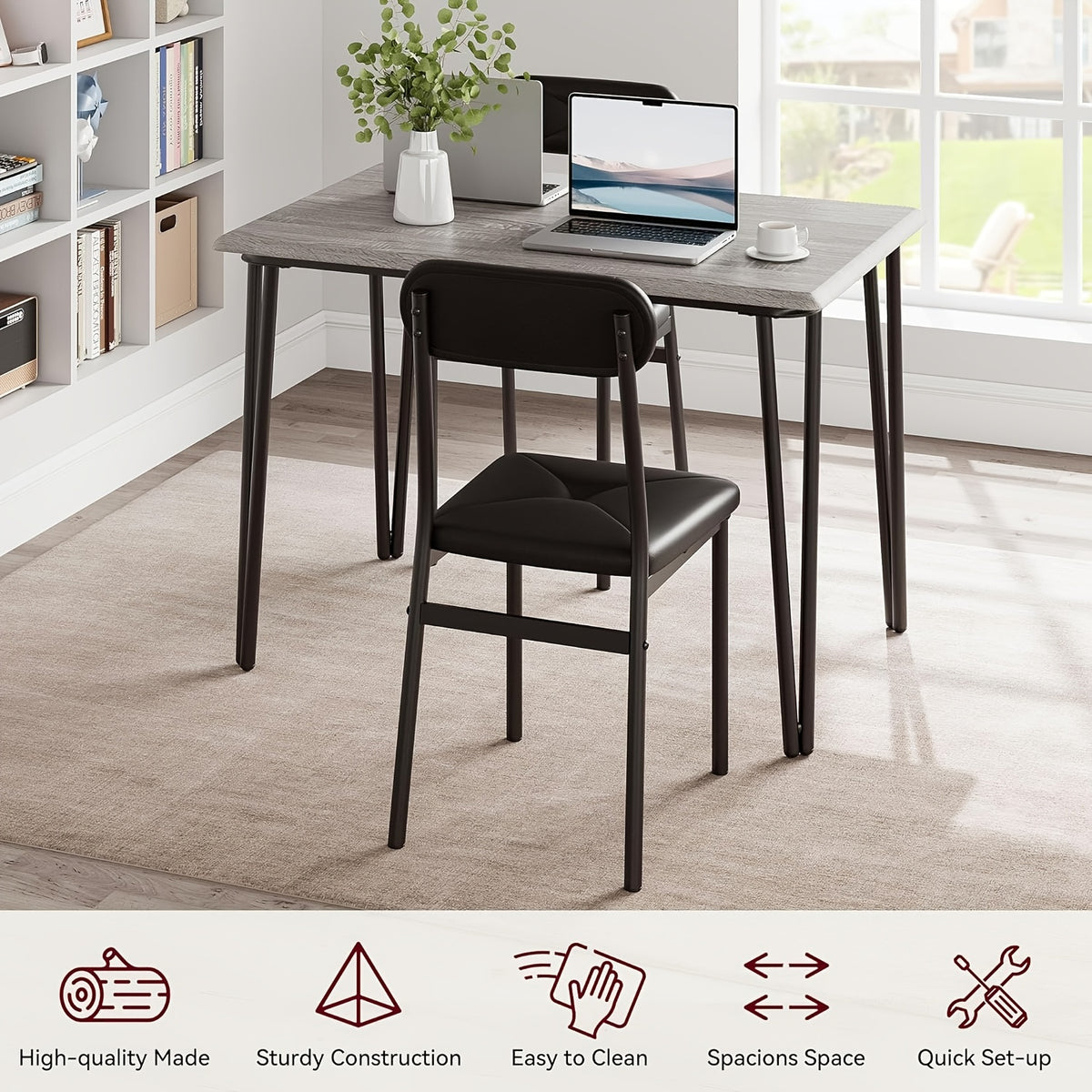 3pcs Compact Dining Table Set for 2 with Upholstered Chairs - Space-Saving Square Kitchen Table & Chairs Suitable for Small Spaces, Apartment, Studio - Modern Metal Furniture (Easy Assembly)