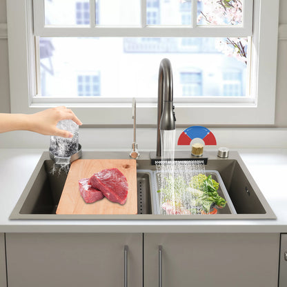 Keukenset – Spoelbak – Gootsteen – Uittrekbare Kraan – Snijplank – Roestvrij Staal 304 – Ruimtebesparende Inbouw – 3 Waterstanden