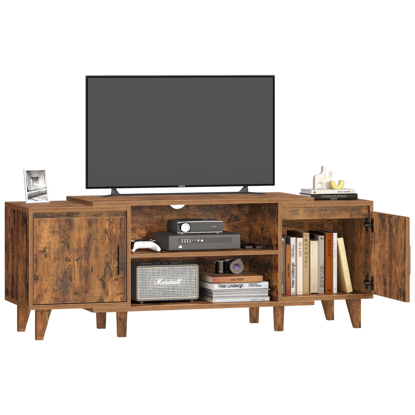 Tv Meubel – Tv Kast – Tv Stand – Mediameubel – Entertainment Center – Bruin – Voor Tv’s Tot 60 Inch – Met 2 Kasten En 2 Open Vakken – Afmetingen 40x140x51,5 cm