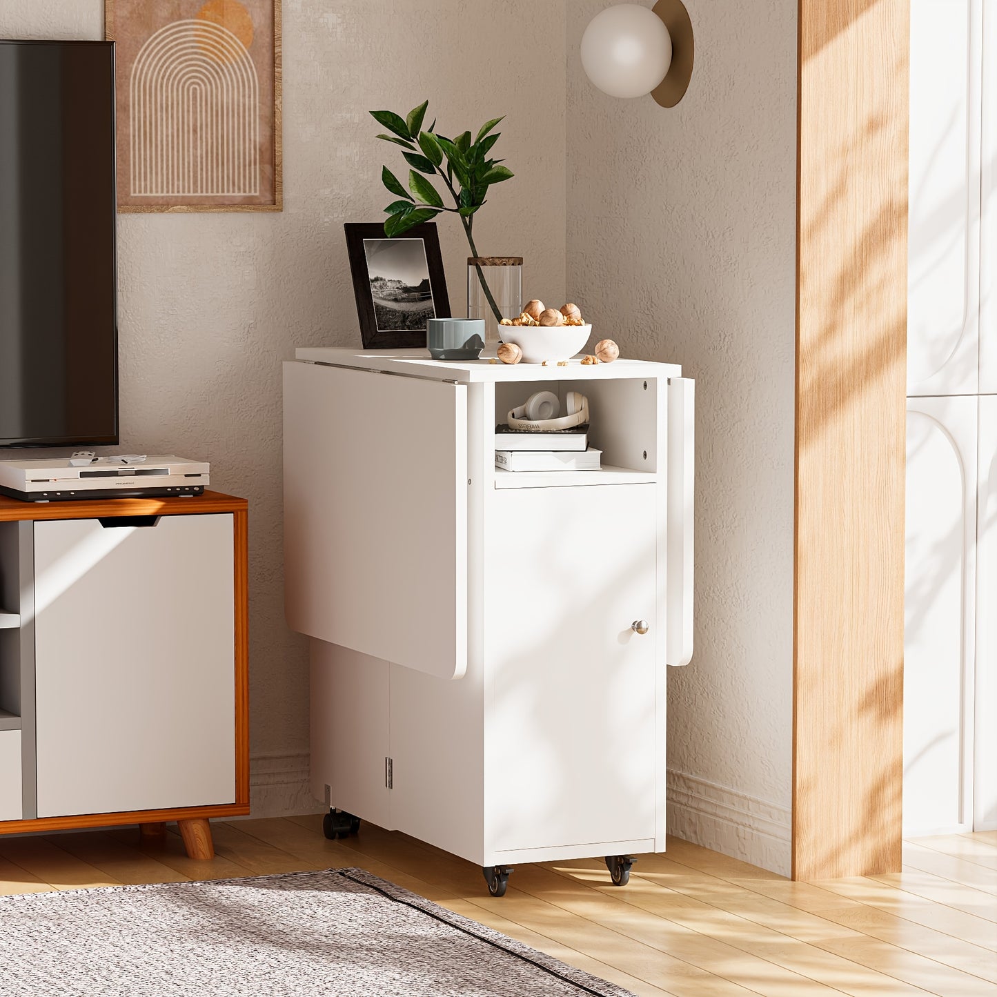 Expandable/Retractable Modern White & Wood Folding Dining Table with Locking Wheels, Storage Shelf & Space-Saving Design - Heavy-Duty Foldable Desk for 4-Person, Apartment, Dorm - /Plywood (120x70x75cm