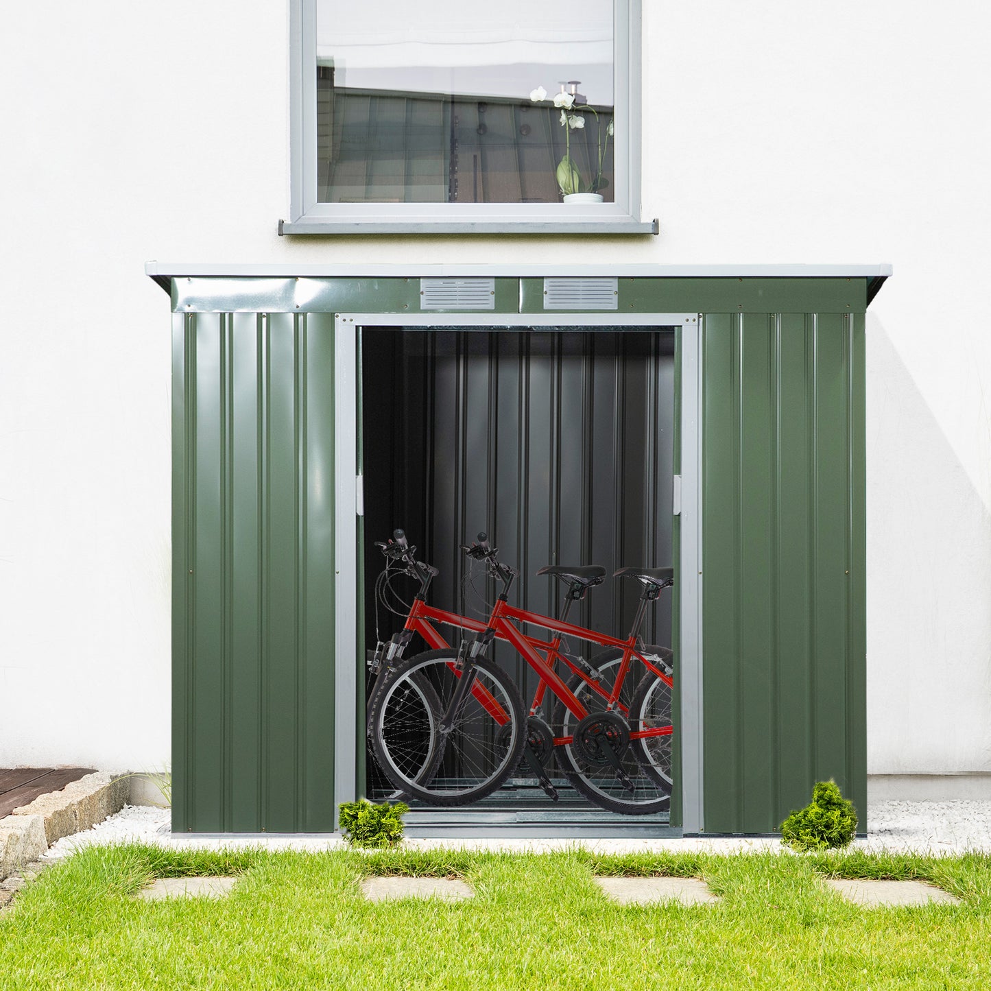 Steigerhuisje – Tuinkast – Tuinhuisje – Opbergschuur – Tuinberging – Gegalvaniseerd Staal – Ventilatieramen en Schuifdeur – 213x130x159/172 cm – Weerbestendig Groen