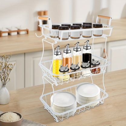 Opbergmand – Opbergbox – Kastmand – Organizer – Opbergbak – 3-laags – Wit Carbonstaal – Met Houten Handvatten – Duurzaam & Ruimtebesparend – 37x22x55 cm