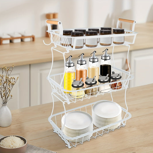 Opbergmand – Opbergbox – Kastmand – Organizer – Opbergbak – 3-laags – Wit Carbonstaal – Met Houten Handvatten – Duurzaam & Ruimtebesparend – 37x22x55 cm