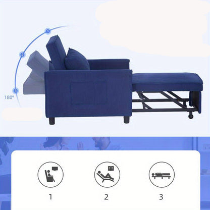 3-in-1 Fauteuilbed – Opvouwbare Stoel – Relaxfauteuil – Slaapstoel – Verstelbare Ligstoel – Verstelbare Rugleuning – Stevige Lendensteun – Duurzaam Polyester – Blauw – Met Zijzakken