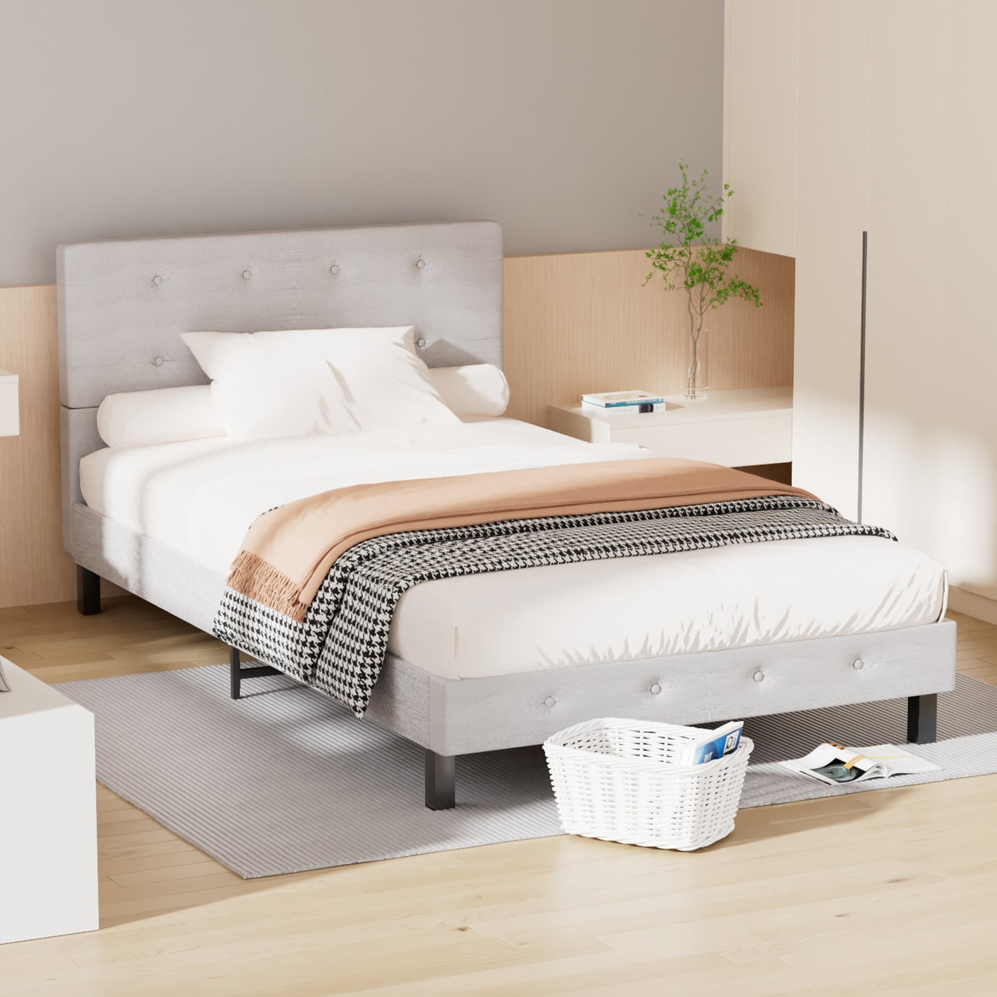 Bedframe – Bedbank – Eenpersoonsbed – Slaapkader – Tweepersoonsbed – Hoog Hoofdbord – Massief Hout Met Kunstleer – 120x200 / 140x200 cm – Maximale Belastbaarheid 350 kg