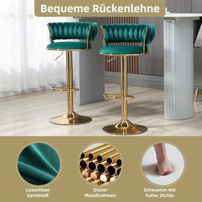 Barkruk – Barstoel – Keukenstoel – Eetkamerstoel – Kruk – Fluwelen Bekleding – 360° Draaibaar – One-Touch Hoogte Verstelbaar – Set Van 2 – Smaragdgroen