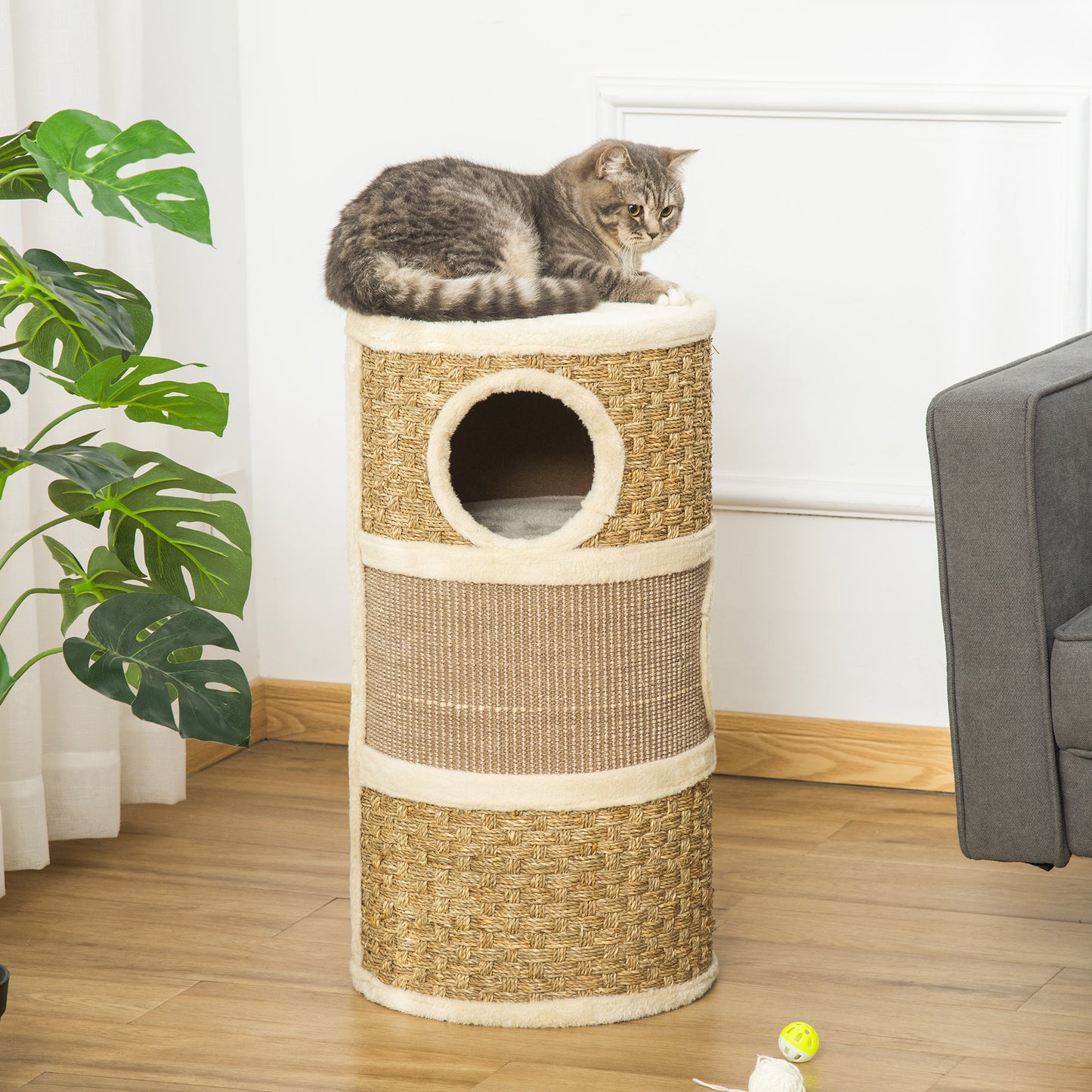 Krabpaal – Kattenboom – Kattenmeubel – Krabtoren – Krabhuis – 3 Niveaus – 70 cm Hoog – Sisal Krabmat – Pluche Bekleding