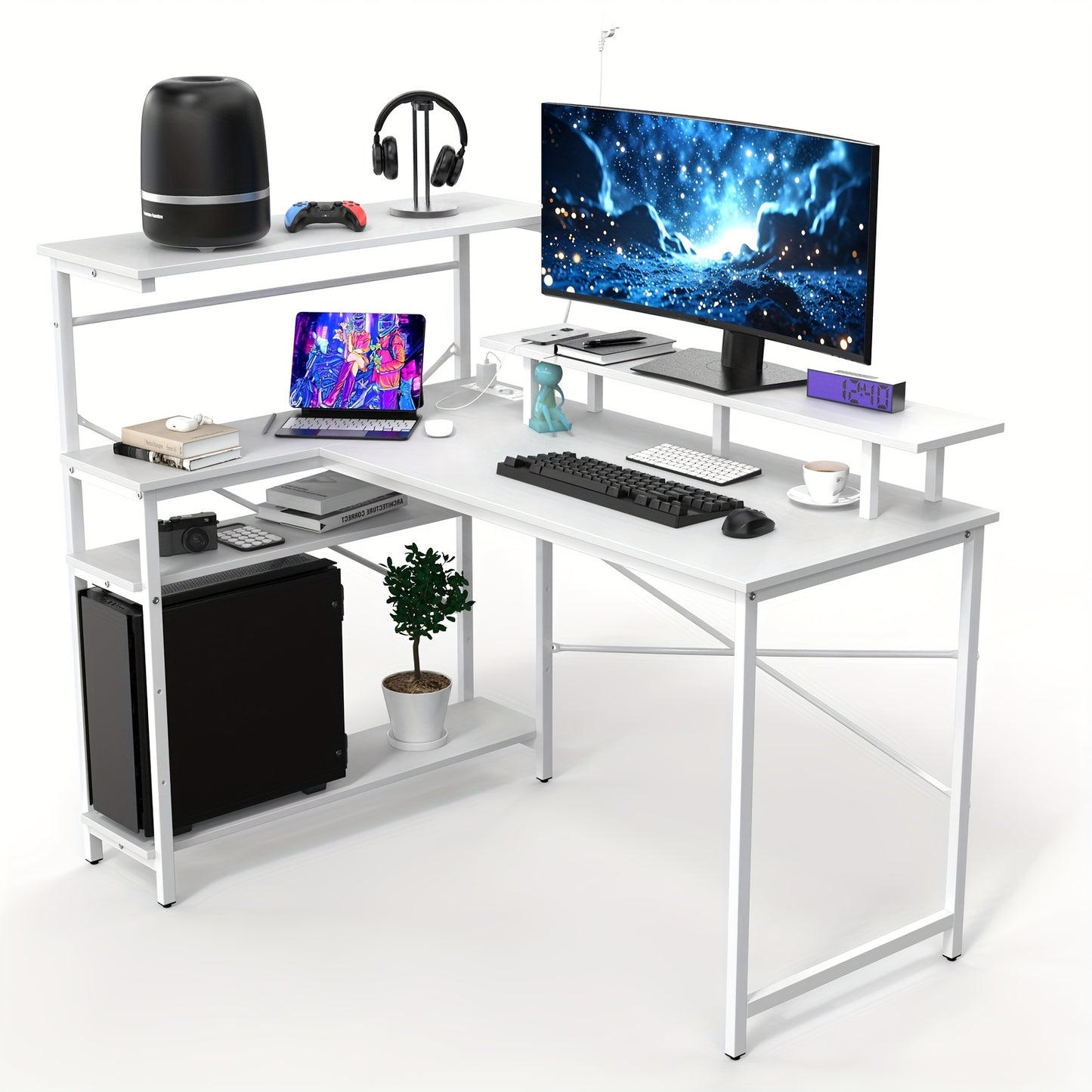 L-vormig Wit Computerbureau met Planken en Steunpaneel – Multifunctioneel Werkstation voor Kantoor, Slaapkamer, Studieruimte of Gaming Setup