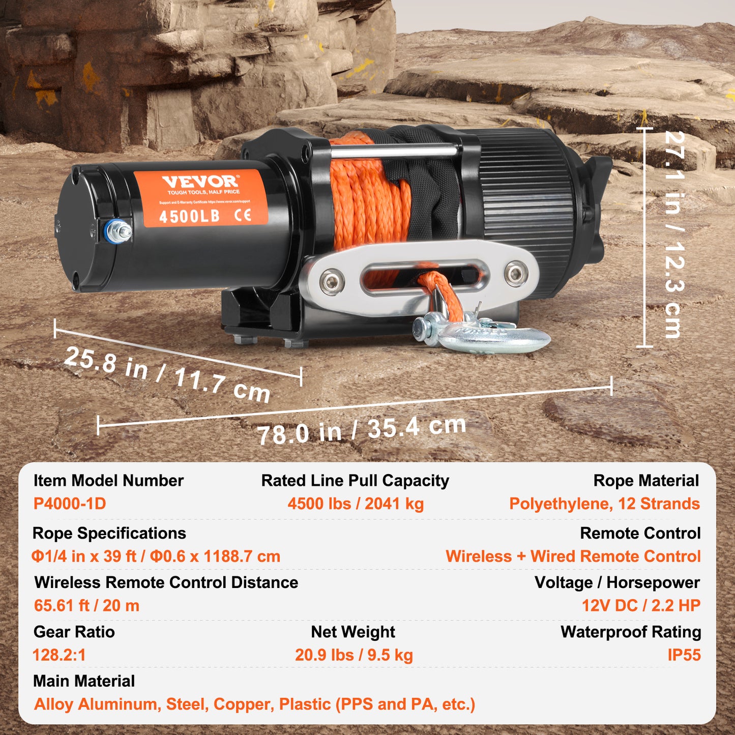 Elektrische Lier – Winch – Takel – Trekmachine – Verrijdbare Lier – 4500 lbs Trekkracht – IP55 Waterdicht – Draadloze & Bekabelde Afstandsbediening – Zwart
